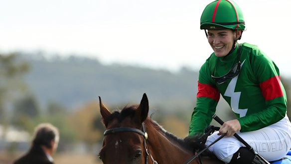 Shannen Llewellyn after winning on Lightning Glory at Scone in May.