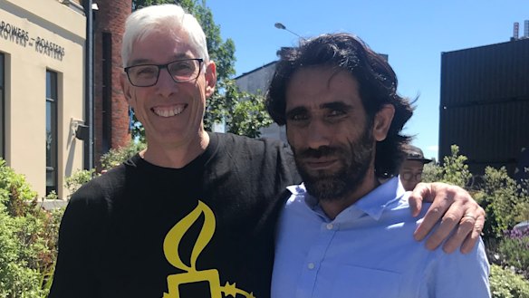 Dr Graham Thom, of Amnesty International Australia, with refugee Behrouz Boochani on Friday - his first full day of freedom - in Christchurch.
