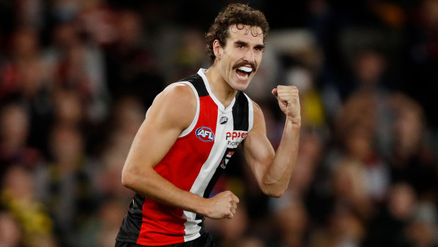 Saint Max King celebrates a goal against the Tigers at Marvel Stadium.