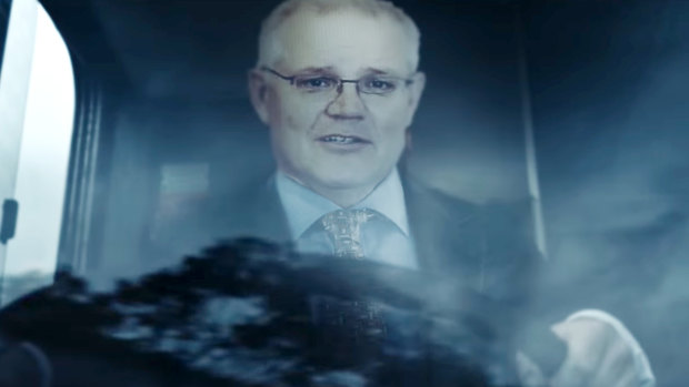 A depiction of Scott Morrison as a bus driver from the ETU and CFMMEU’s ad against the government’s industrial relations overhaul.