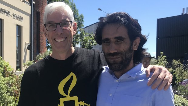 Dr Graham Thom, of Amnesty International Australia, with refugee Behrouz Boochani on Friday - his first full day of freedom - in Christchurch.
