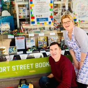 Jane Seaton with Perth MP John Carey with the Lego entries on Love Your Bookshop Day. 