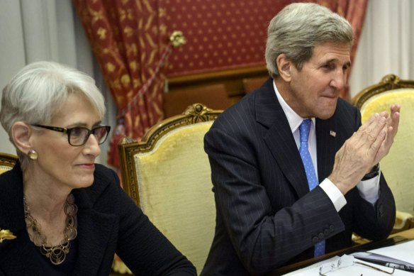 Biden's pick for Deputy Secretary of State, Wendy Sherman, seen here in 2015 with then-Secretary of State John Kerry at a meeting with Iranian negotiators, says that now "we are seen as weaker". 