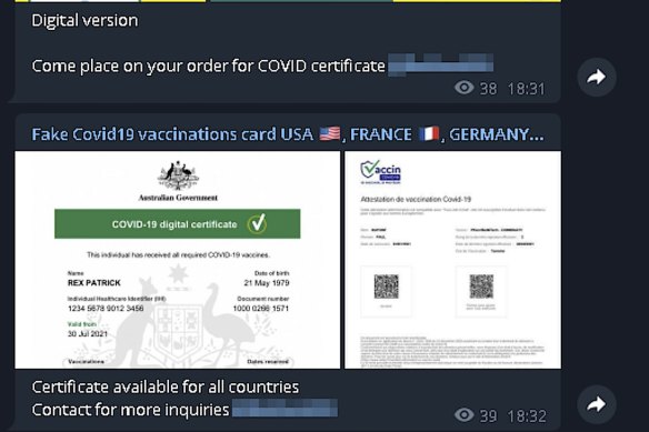 Fake Australian vaccination certificates are for sale on Telegram for as low as $110.