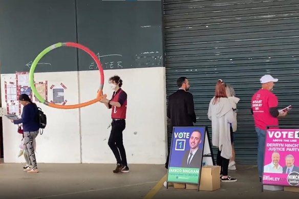 VEC staff used pool noodles to separate volunteers at the Melton polling booth.