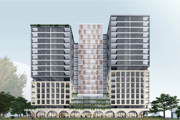 The concept design for two new apartment towers proposed as part of Meriton’s Pagewood Green development. 