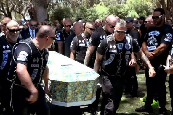 Patched Rebels members carry Nick Martin’s coffin into Pinnaroo Valley Memorial Park.