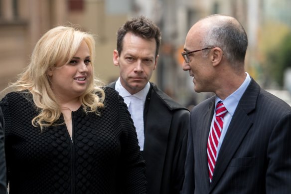 Actress Rebel Wilson arriving at the Supreme Court with Matt Collins KC (centre) during her high-profile defamation action.