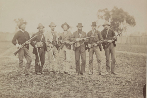 Seven police at the siege of Glenrowan on the morning of June 28, 1880.