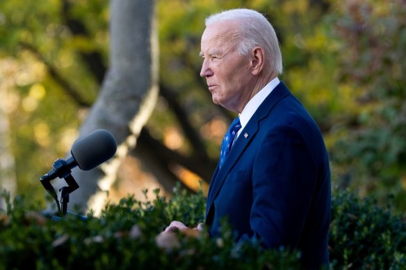 US President Joe Biden speaks in the Rose Garden of the White House in Washington, DC.