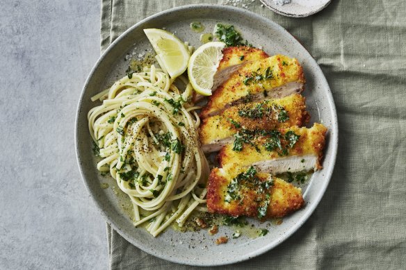 Crumbed chicken with herb and garlic butter pasta.