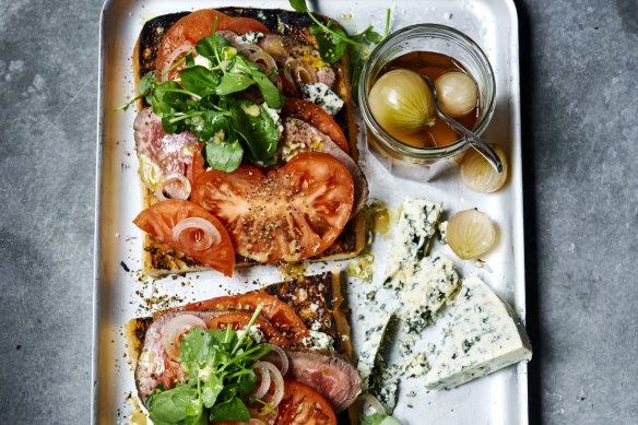 Steak sandwich and pickled onion salad.