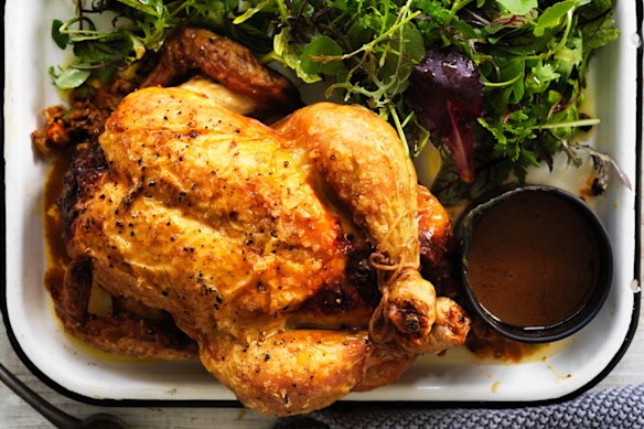 Roast chicken stuffed with spring vegies.