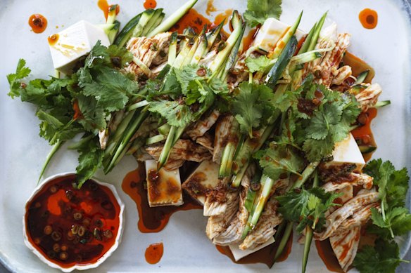 Poached chicken, cucumber and silken tofu salad.