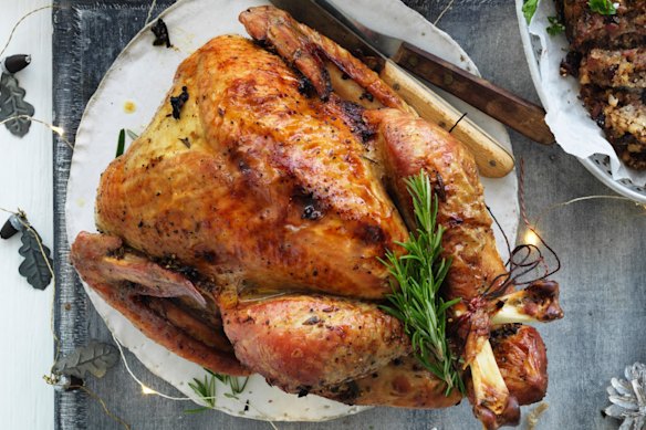 Jill Dupleix's dry-brined turkey with herb and lemon stuffing and Vegemite gravy.