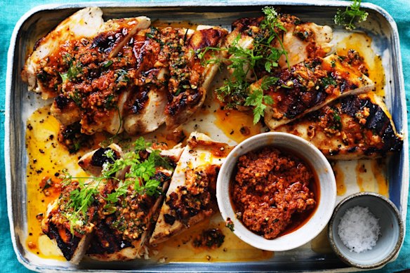 Barbecued chicken with Spanish romesco sauce. 