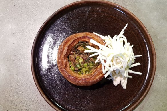 A 2017 Melbourne Lune Lab pastry, with pork hock and pea vol-au-vent with celeriac remoulade. 