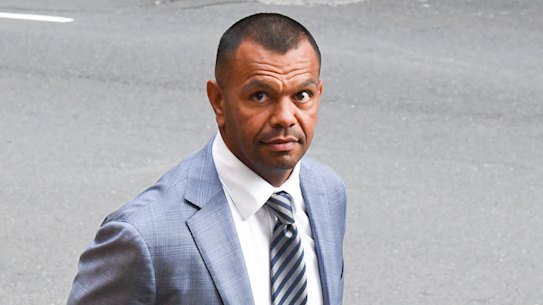 Kurtley Beale arrives at court on Wednesday with his barrister Margaret Cunneen, SC, (left) and wife Maddi Beale (right).