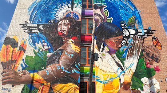 The newly completed mural “Indigenous Flow” by Victor “Marka27″ Quiñonez which was commissioned by Patty Mills and the Brooklyn Nets.