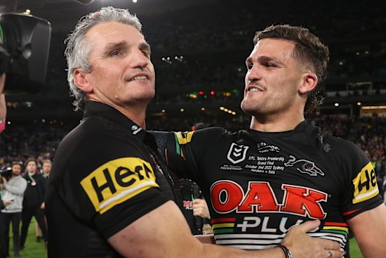 Ivan and Nathan Cleary embrace after clinching the premiership.