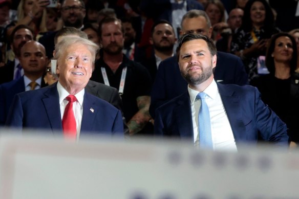 Republican presidential candidate Donald Trump and his vice-presidential nominee, J.D. Vance, on the first night of the Republican Convention.