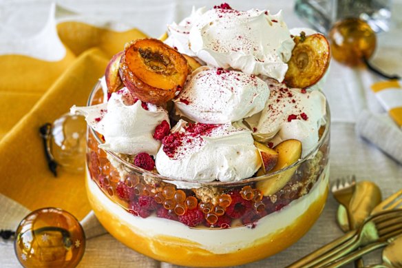 Popping pearls add intrigue to this peachy trifle.