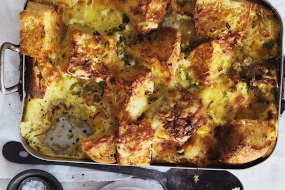 Sourdough cheese and spring onion strata. 