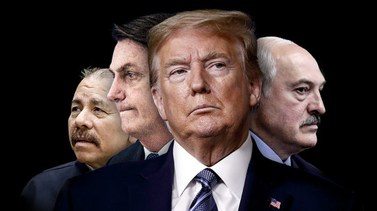The author argues US President Donald Trump has joined the "Ostrich Alliance" by comparing him to, from left, Nicaragua's Daniel Ortega, Brazil's Jair Bolsonaro, and Belarussian Alexander Lukashenko.