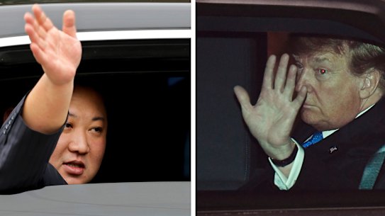 North Korean leader Kim Jong-un and US President Donald Trump wave to crowds as they both arrive in Hanoi, Vietnam.
