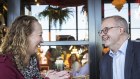 Prime Minister Anthony Albanese congratulates the newly elected member for Aston, Mary Doyle, at a Bayswater cafe.