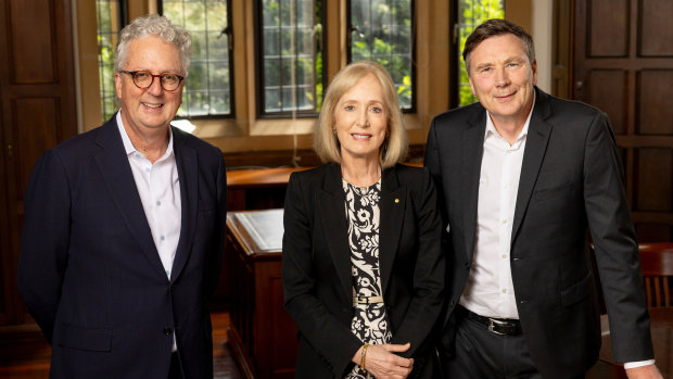 University of Sydney chancellor, David Thodey (right) with vice chancellor Mark Scott and former chancellor Belinda Hutchinson.