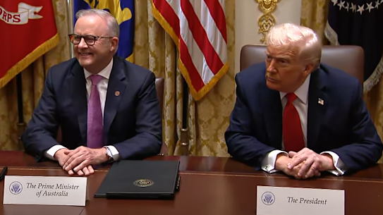 Donald Trump addresses Australian ambassador to the US Kevin Rudd during the president’s media address with Anthony Albanese.