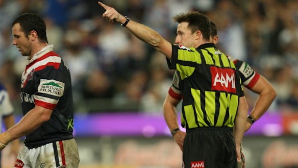 Adrian Morley is marched by referee Jared Maxwell in 2006.