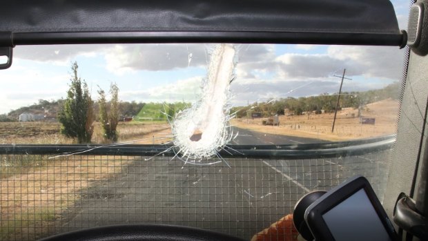 The woman was impaled by the metal rod that bounced off the road and smashed through her windscreen.