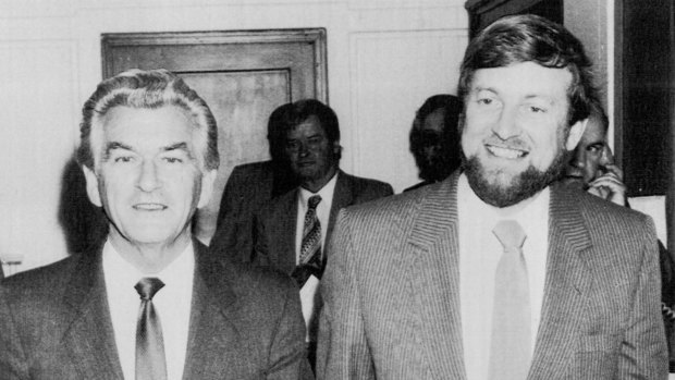 Bob Hawke and Gareth 'Biggles' Evans celebrate the High Court's dams decision in 1983.