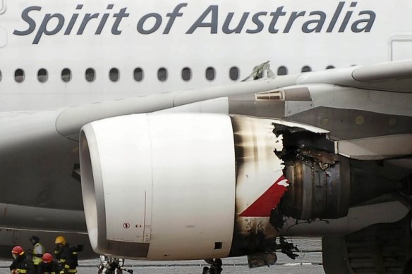 QF32’s crippled engine after touchdown in Singapore.