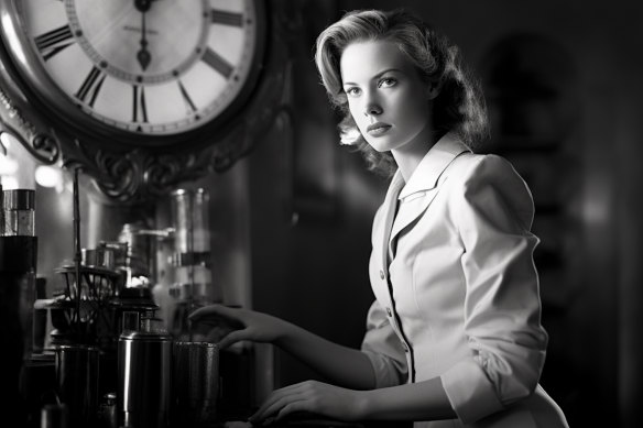 Writer-director Kriv Stenders generated this image for a forthcoming family film using the following prompts: 1950s Woman Scientist in labcoat working in Outback old mansion clock tower making a time machine cinematic style Film Noir.