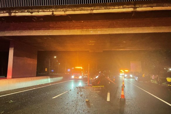 An accident under the Linkfield Road Overpass, in Brisbane’s north, on Friday night.