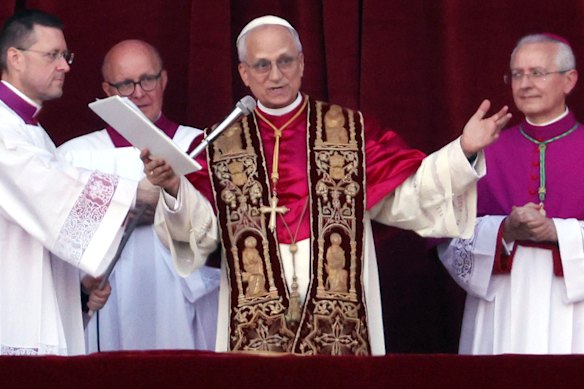 The newly elected pontiff, Pope Leo XIV, seen for the first time after his election.