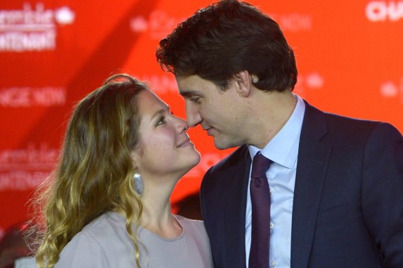 Liberal leader Justin Trudeau stands with his wife Sophie Gregoire after becoming PM in 2015.