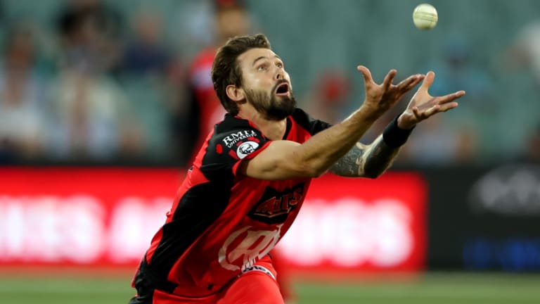 Eyes on the prize: Kane Richardon of the Renegades takes a catch off the bat off the Strikers' Matt Short.