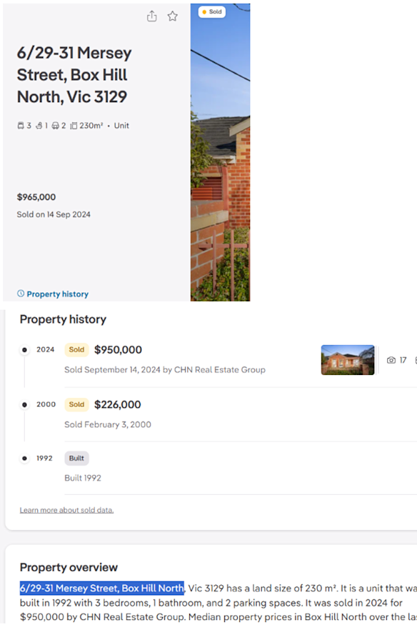 Different “sold” prices listed for the same Melbourne property in 2024.