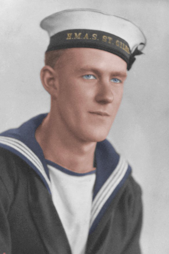 A colourised studio portrait of Able Seaman Thomas Welsby Clark when he was an Ordinary Seaman on HMAS St Giles. 