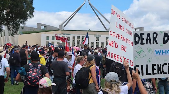 The ‘Convoy to Canberra’ protest at the front of Parliament House in Canberra.