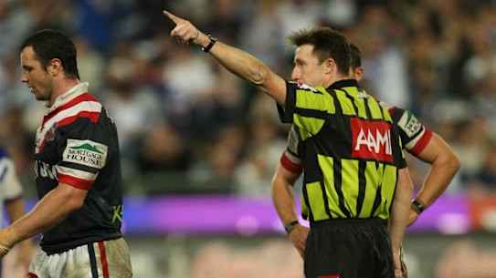 Adrian Morley is marched by referee Jared Maxwell in 2006.