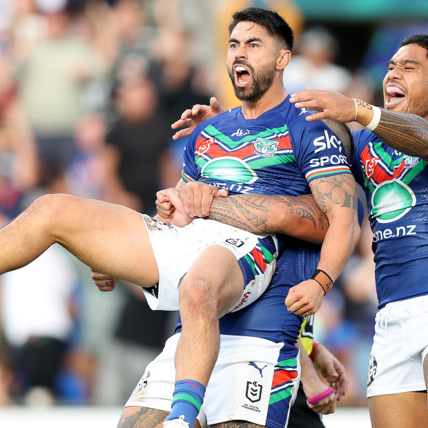 Warriors halfback Shaun Johnson after landing the match-winning penalty goal against the Bulldogs back in March.