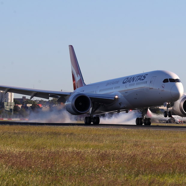 Qantas flight 7879 lands at Sydney Airport on Sunday morning after flying 19 hours and 16 minutes from New York.