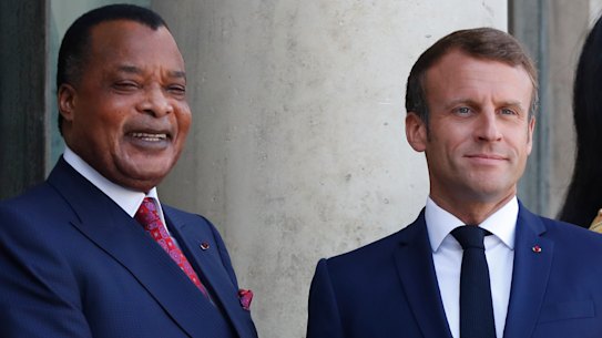 Republic of Congo President Denis Sassou Nguesso, left, is greeted by French President Emmanuel Macron before a meeting at the Elysee Palace, in Paris on Tuesday.