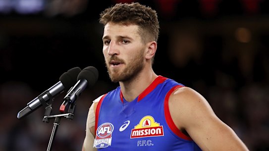 Marcus Bontempelli speaks after the grand final.