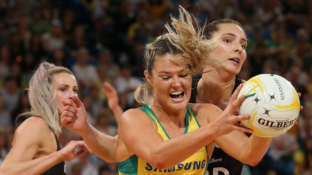 Gretel Tippett playing for the Diamonds in the Constellation Cup, seven years after switching to netball from basketball.